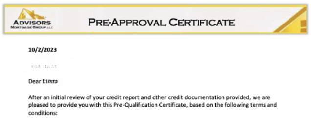 Pre-Approval Certificate from Advisors Mortgage Group LLC