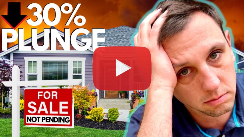 A YouTube thumbnail featuring a gray house with a 'For Sale' sign, overlaid with text '30% PLUNGE' and an image of a distressed man.