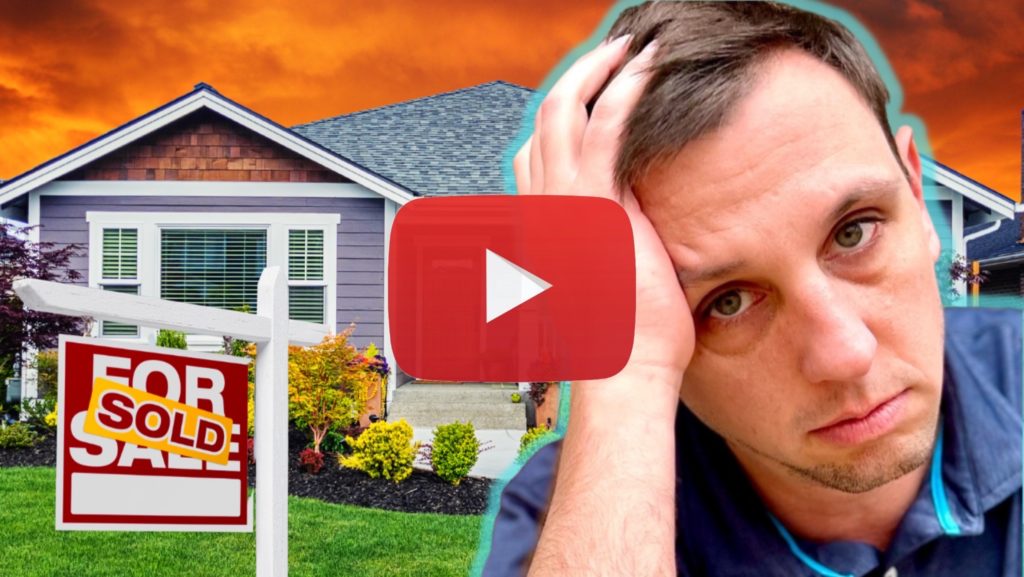 A YouTube thumbnail featuring a gray house with a 'For Sale' sign, overlaid with text 'Sold' and an image of a distressed man.