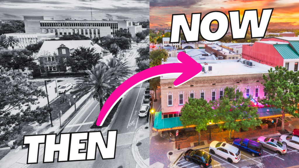 Split-view image of downtown Gainesville, Florida, contrasting historical black and white scene on the left with vibrant modern colors on the right. The 'THEN' side shows older buildings with fewer trees and a clear road, while the 'NOW' side features well-lit streets, colorful storefronts, and a bustling atmosphere at twilight. A large pink arrow with the word 'NOW' indicates the change over the years.