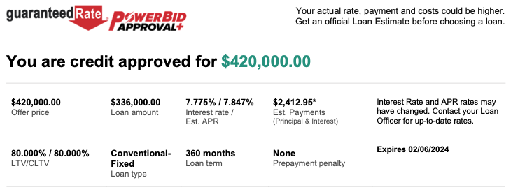 Example of a Guaranteed Rate mortgage pre-approval letter for a $420,000 home loan with loan details and rates.